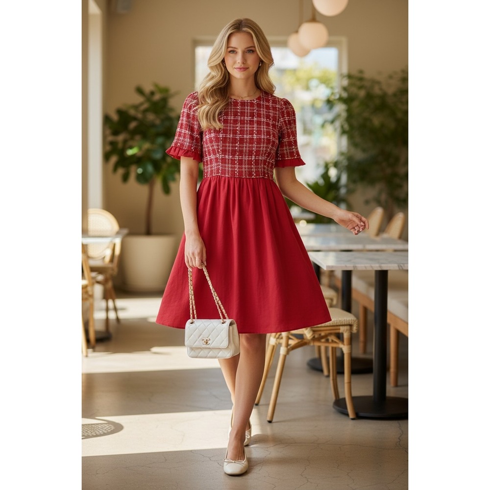NWT English Factory Tweed Fit Flare Dress S Red Plaid Preppy Classic Romantic